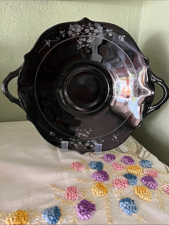 Other - Black Decorative Serving Bowl with Handles - Floral Accent